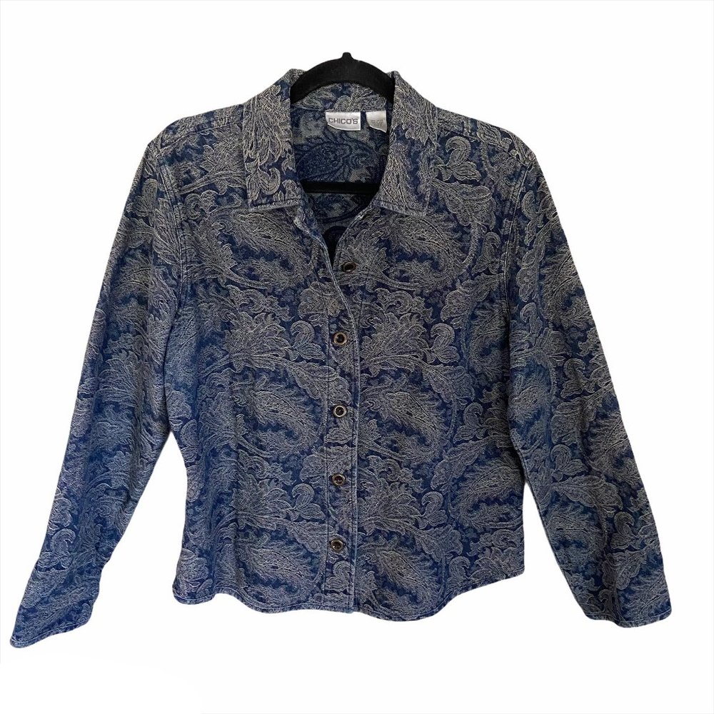 Chico's Jacquard Denim Jacket, Size Large